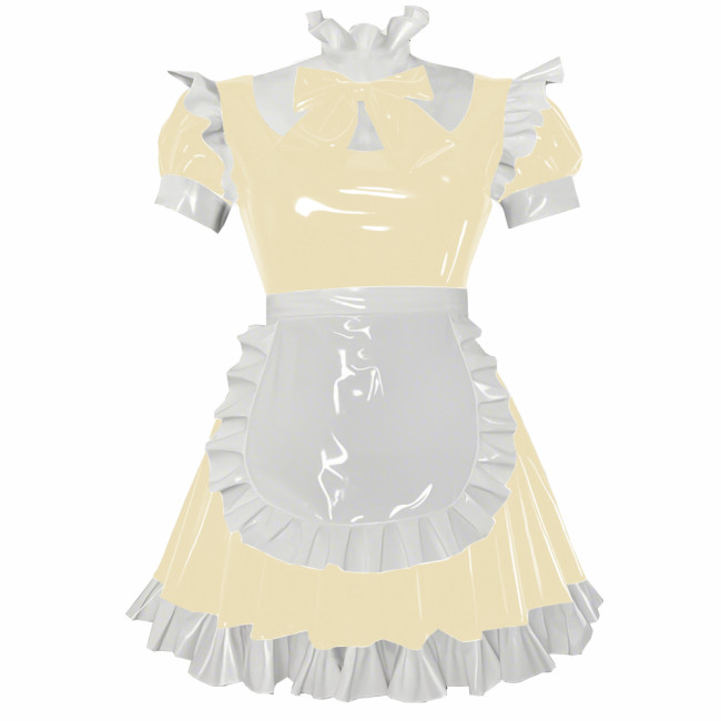Party Cosplay Sweet Lolita Maid Uniforms Sissy Puff Short Sleeve Ruffles A-line Mini Dress with Apron Glossy PVC Fancy Outfits