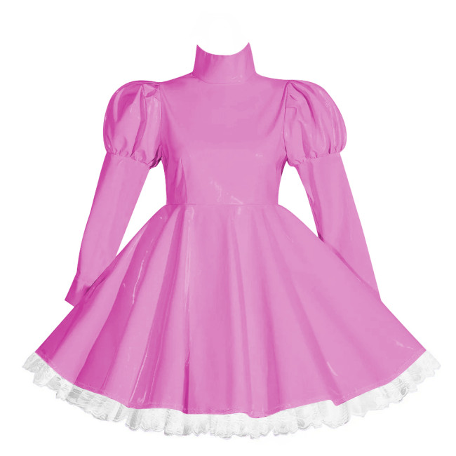 Wetlook Lockable Turtleneck Short Dress Puff Sleeve High Waist Pleated Mini Dress Vinyl PVC Leather Outfits Rave Party Club Wear