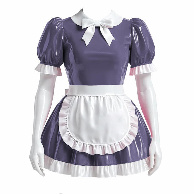Sissy Bowtie French Maid Dress Outfit PVC Shiny Lockable Mini Maid Dress with Apron Crossdress Cosplay Fancy Maidservant Uniform