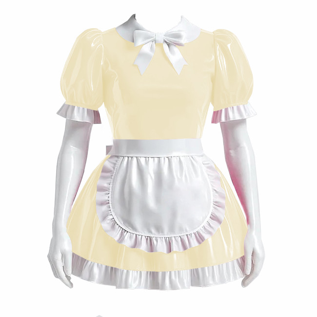 Sissy Bowtie French Maid Dress Outfit PVC Shiny Lockable Mini Maid Dress with Apron Crossdress Cosplay Fancy Maidservant Uniform