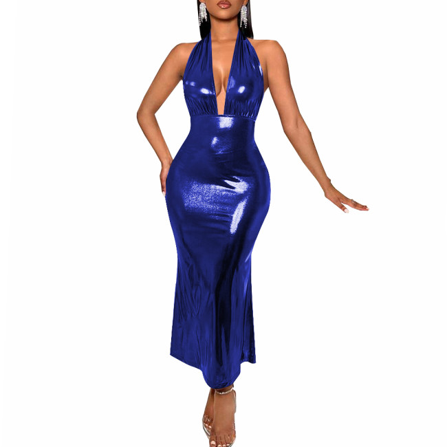 Sexy Deep V-neck Backless Halter Long Dress Women's Sleeveless High Waist Bodycon Slim Dress Liquid Metallic Evening Party Gown