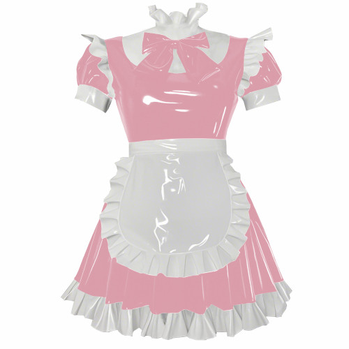 Party Cosplay Sweet Lolita Maid Uniforms Sissy Puff Short Sleeve Ruffles A-line Mini Dress with Apron Glossy PVC Fancy Outfits