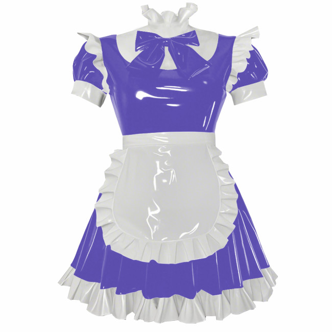 Party Cosplay Sweet Lolita Maid Uniforms Sissy Puff Short Sleeve Ruffles A-line Mini Dress with Apron Glossy PVC Fancy Outfits