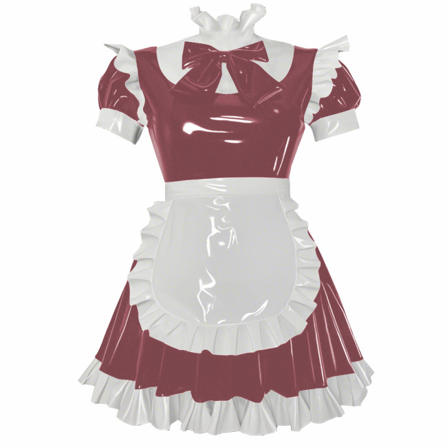 Party Cosplay Sweet Lolita Maid Uniforms Sissy Puff Short Sleeve Ruffles A-line Mini Dress with Apron Glossy PVC Fancy Outfits