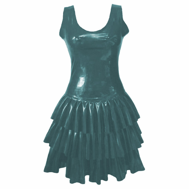 Womens PVC Patent Leather Multi-Layered Ruffled Mini Dress Club Sleeveless O-neck Wetlook Sundress Raves Party A-Line Tank Dress