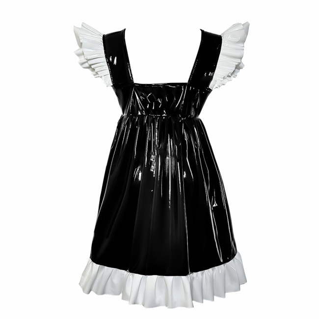 Cross-dresser Sweet Mini Dress Sissy Bow Front Ruffle Hem A-line Dress Lolita PVC Patent Leather High Waist Princess Party Dress