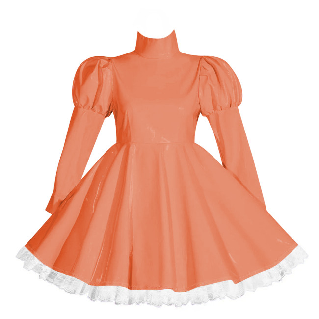 Wetlook Lockable Turtleneck Short Dress Puff Sleeve High Waist Pleated Mini Dress Vinyl PVC Leather Outfits Rave Party Club Wear