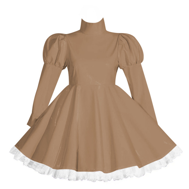 Wetlook Lockable Turtleneck Short Dress Puff Sleeve High Waist Pleated Mini Dress Vinyl PVC Leather Outfits Rave Party Club Wear