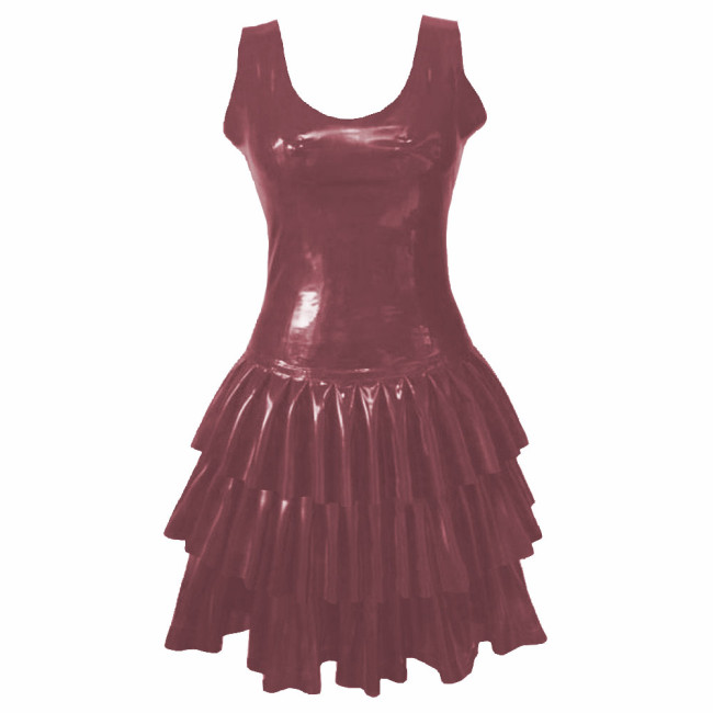 Womens PVC Patent Leather Multi-Layered Ruffled Mini Dress Club Sleeveless O-neck Wetlook Sundress Raves Party A-Line Tank Dress