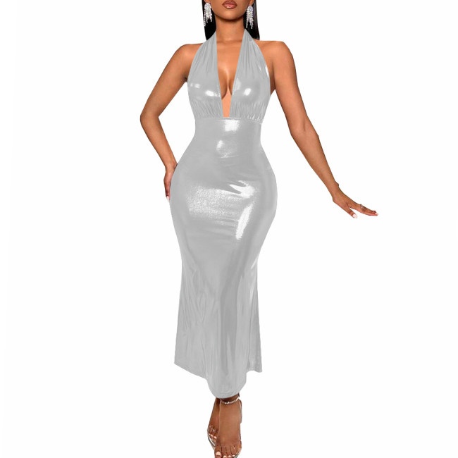Sexy Deep V-neck Backless Halter Long Dress Women's Sleeveless High Waist Bodycon Slim Dress Liquid Metallic Evening Party Gown
