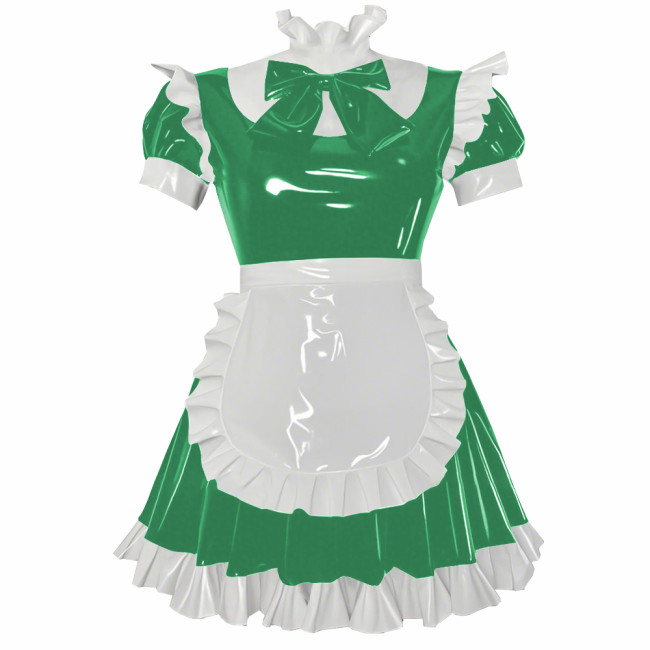 Party Cosplay Sweet Lolita Maid Uniforms Sissy Puff Short Sleeve Ruffles A-line Mini Dress with Apron Glossy PVC Fancy Outfits