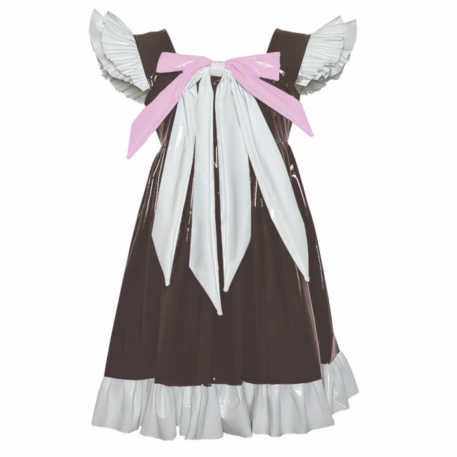 Cross-dresser Sweet Mini Dress Sissy Bow Front Ruffle Hem A-line Dress Lolita PVC Patent Leather High Waist Princess Party Dress