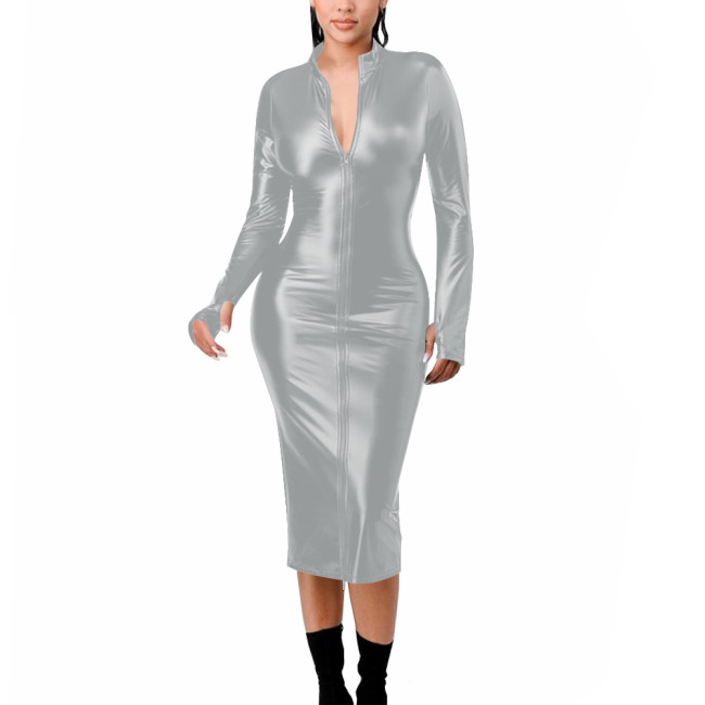 Womens PU Matte Leather Tight Midi Dress Fashion Sexy Zipper Bodycon Dress with Adjustable Drawstring Back Club Party Vestidos