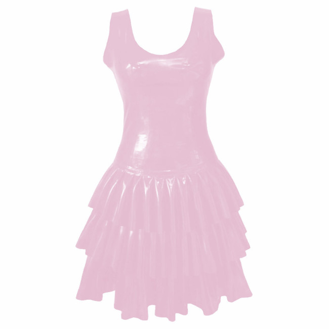 Womens PVC Patent Leather Multi-Layered Ruffled Mini Dress Club Sleeveless O-neck Wetlook Sundress Raves Party A-Line Tank Dress