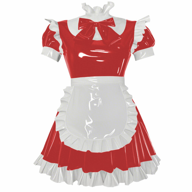 Party Cosplay Sweet Lolita Maid Uniforms Sissy Puff Short Sleeve Ruffles A-line Mini Dress with Apron Glossy PVC Fancy Outfits