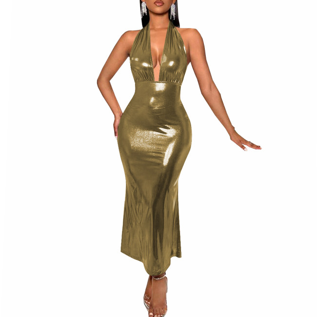 Sexy Deep V-neck Backless Halter Long Dress Women's Sleeveless High Waist Bodycon Slim Dress Liquid Metallic Evening Party Gown