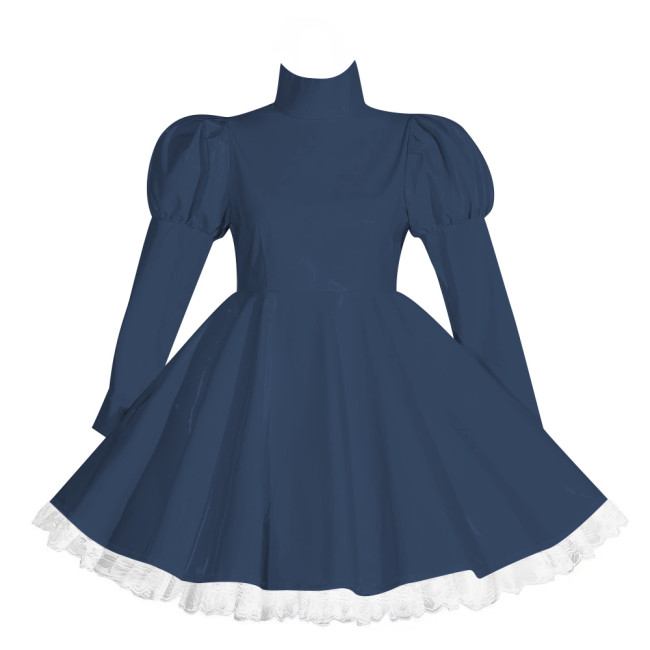 Wetlook Lockable Turtleneck Short Dress Puff Sleeve High Waist Pleated Mini Dress Vinyl PVC Leather Outfits Rave Party Club Wear