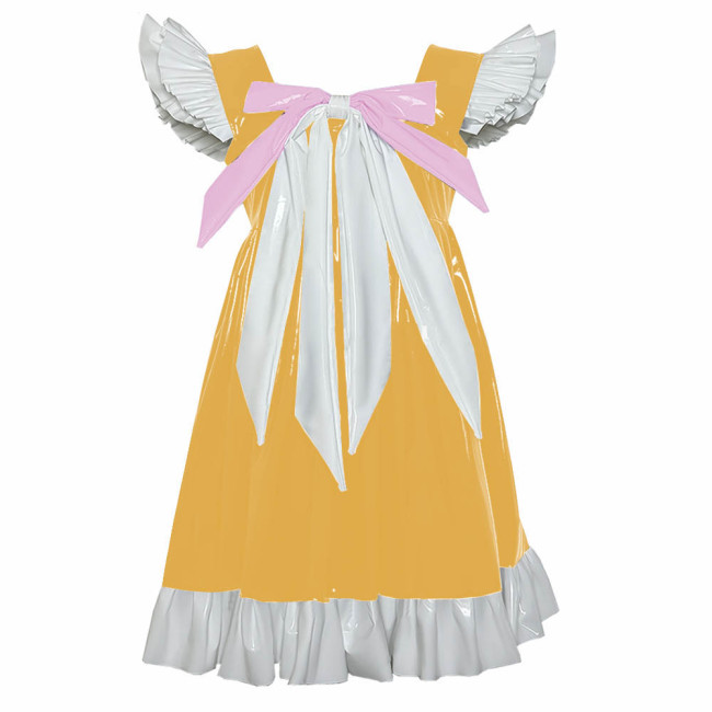 Cross-dresser Sweet Mini Dress Sissy Bow Front Ruffle Hem A-line Dress Lolita PVC Patent Leather High Waist Princess Party Dress