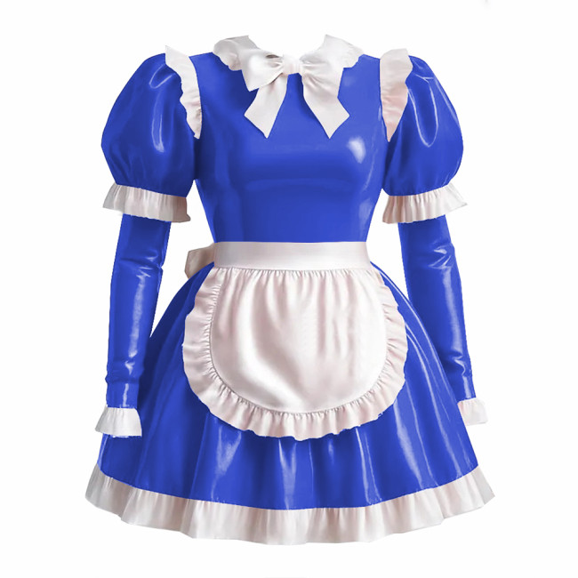 Sissy Lolita Style Maid Outfit Wetlook PVC Leather Bow Knots Pleated Maid Dress Lockable Long Sleeve Waitress Role Paly Uniforms