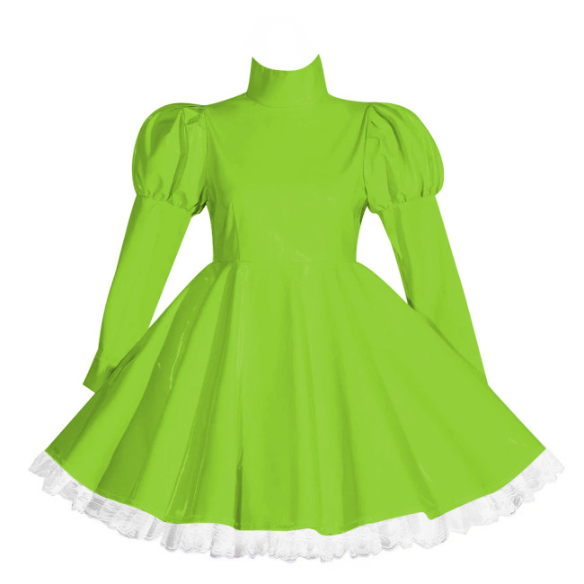 Wetlook Lockable Turtleneck Short Dress Puff Sleeve High Waist Pleated Mini Dress Vinyl PVC Leather Outfits Rave Party Club Wear