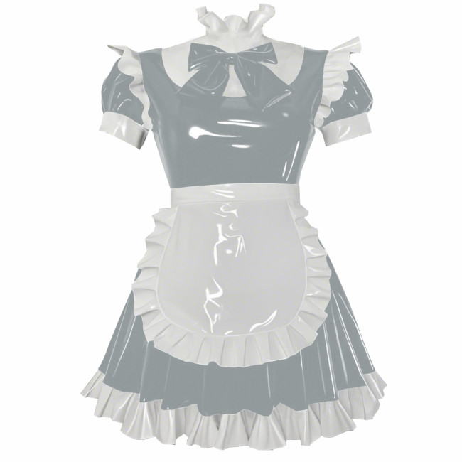 Party Cosplay Sweet Lolita Maid Uniforms Sissy Puff Short Sleeve Ruffles A-line Mini Dress with Apron Glossy PVC Fancy Outfits