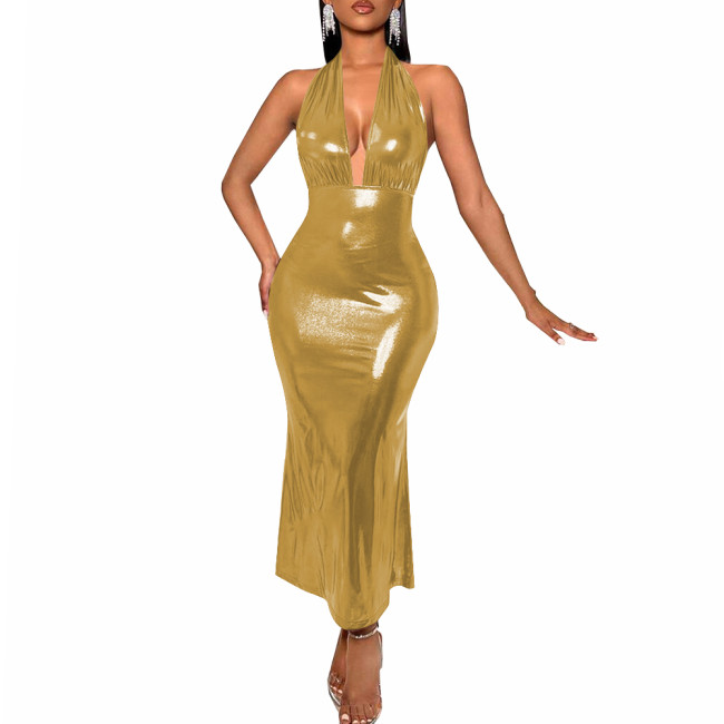 Sexy Deep V-neck Backless Halter Long Dress Women's Sleeveless High Waist Bodycon Slim Dress Liquid Metallic Evening Party Gown