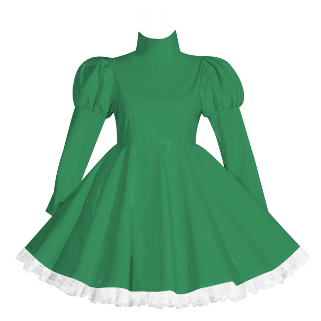 Wetlook Lockable Turtleneck Short Dress Puff Sleeve High Waist Pleated Mini Dress Vinyl PVC Leather Outfits Rave Party Club Wear