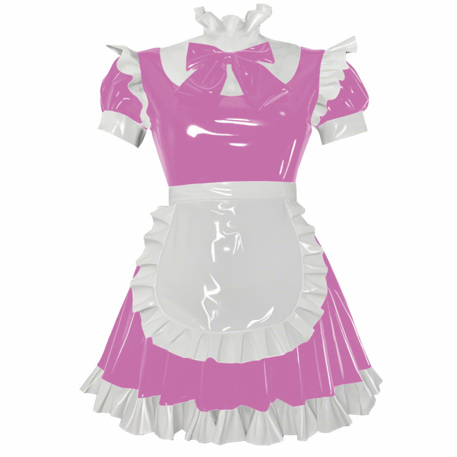 Party Cosplay Sweet Lolita Maid Uniforms Sissy Puff Short Sleeve Ruffles A-line Mini Dress with Apron Glossy PVC Fancy Outfits