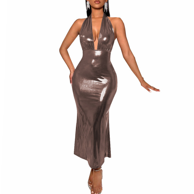 Sexy Deep V-neck Backless Halter Long Dress Women's Sleeveless High Waist Bodycon Slim Dress Liquid Metallic Evening Party Gown