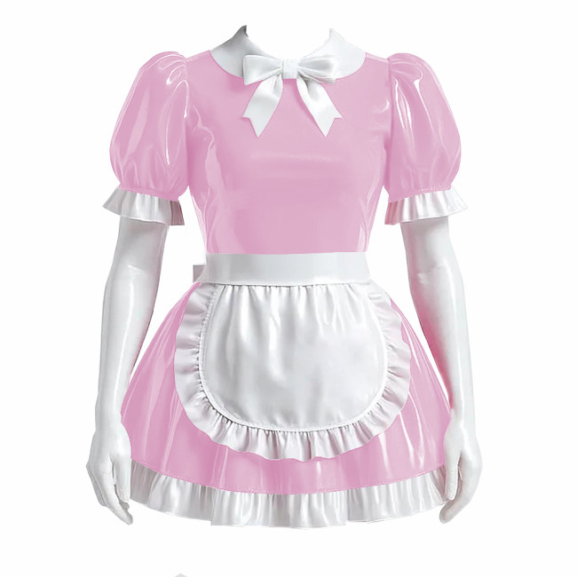 Sissy Bowtie French Maid Dress Outfit PVC Shiny Lockable Mini Maid Dress with Apron Crossdress Cosplay Fancy Maidservant Uniform