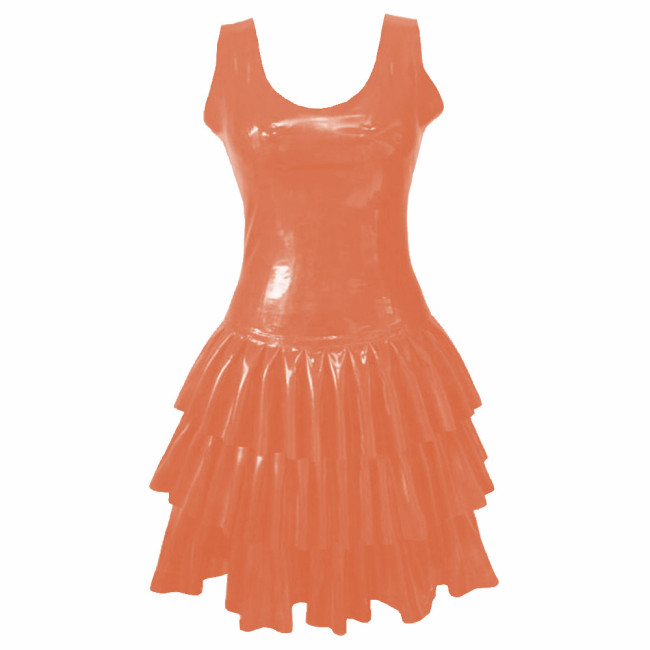Womens PVC Patent Leather Multi-Layered Ruffled Mini Dress Club Sleeveless O-neck Wetlook Sundress Raves Party A-Line Tank Dress