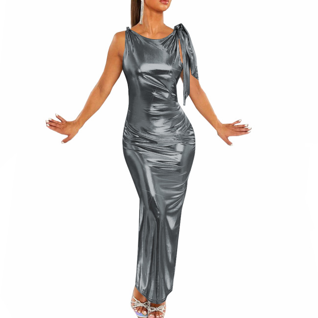 Shiny Sexy Sleeveless Round Neck Long Evening Dresses Liquid Metallic Party Women's Dresses Nightclub Slim Fit Elegant Vestidos