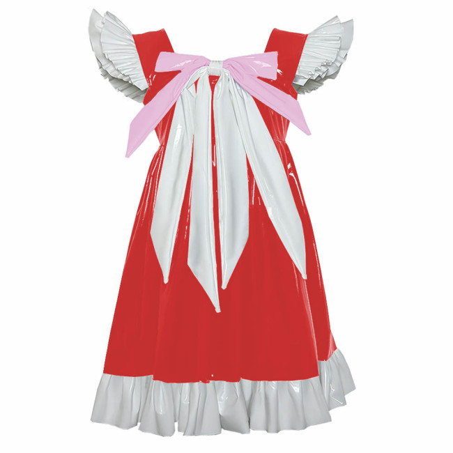 Cross-dresser Sweet Mini Dress Sissy Bow Front Ruffle Hem A-line Dress Lolita PVC Patent Leather High Waist Princess Party Dress