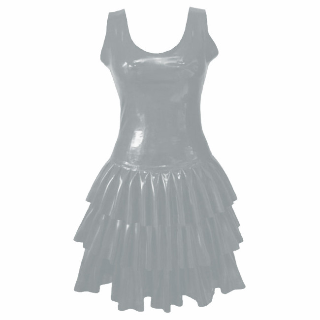 Womens PVC Patent Leather Multi-Layered Ruffled Mini Dress Club Sleeveless O-neck Wetlook Sundress Raves Party A-Line Tank Dress