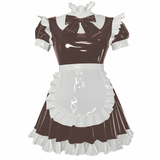 Party Cosplay Sweet Lolita Maid Uniforms Sissy Puff Short Sleeve Ruffles A-line Mini Dress with Apron Glossy PVC Fancy Outfits