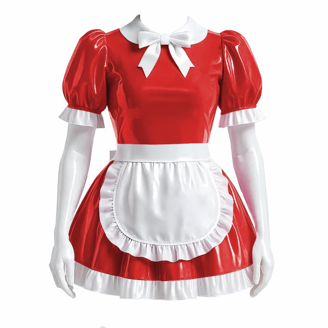 Sissy Bowtie French Maid Dress Outfit PVC Shiny Lockable Mini Maid Dress with Apron Crossdress Cosplay Fancy Maidservant Uniform