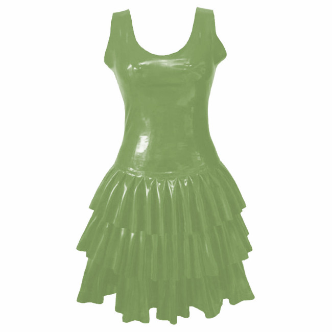 Womens PVC Patent Leather Multi-Layered Ruffled Mini Dress Club Sleeveless O-neck Wetlook Sundress Raves Party A-Line Tank Dress