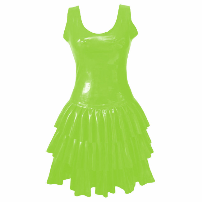 Womens PVC Patent Leather Multi-Layered Ruffled Mini Dress Club Sleeveless O-neck Wetlook Sundress Raves Party A-Line Tank Dress