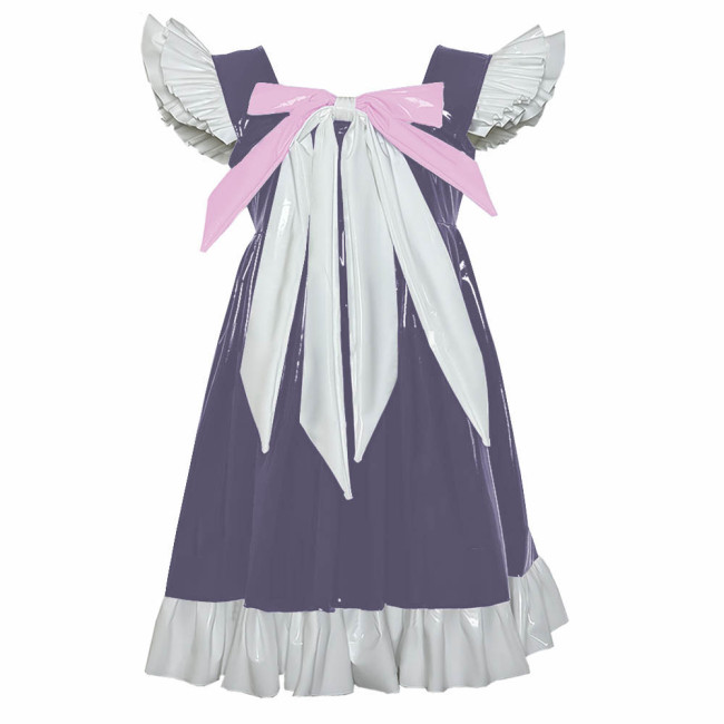 Cross-dresser Sweet Mini Dress Sissy Bow Front Ruffle Hem A-line Dress Lolita PVC Patent Leather High Waist Princess Party Dress