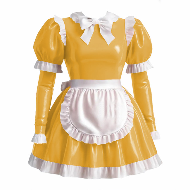 Sissy Lolita Style Maid Outfit Wetlook PVC Leather Bow Knots Pleated Maid Dress Lockable Long Sleeve Waitress Role Paly Uniforms