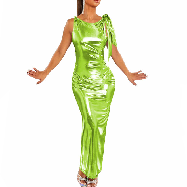 Shiny Sexy Sleeveless Round Neck Long Evening Dresses Liquid Metallic Party Women's Dresses Nightclub Slim Fit Elegant Vestidos