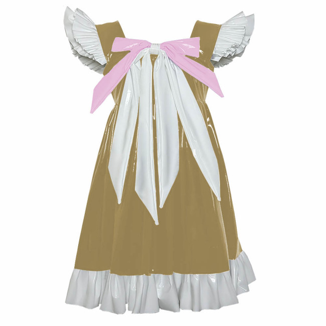 Cross-dresser Sweet Mini Dress Sissy Bow Front Ruffle Hem A-line Dress Lolita PVC Patent Leather High Waist Princess Party Dress