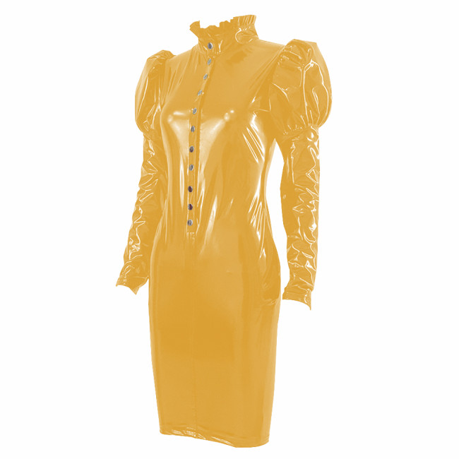 Elegant Glossy Women PVC Mini Dress Chic Ruffles High Neck Long Sleeve Buttons Bodycon Dresses Ladies Vinyl Leather Club Robe