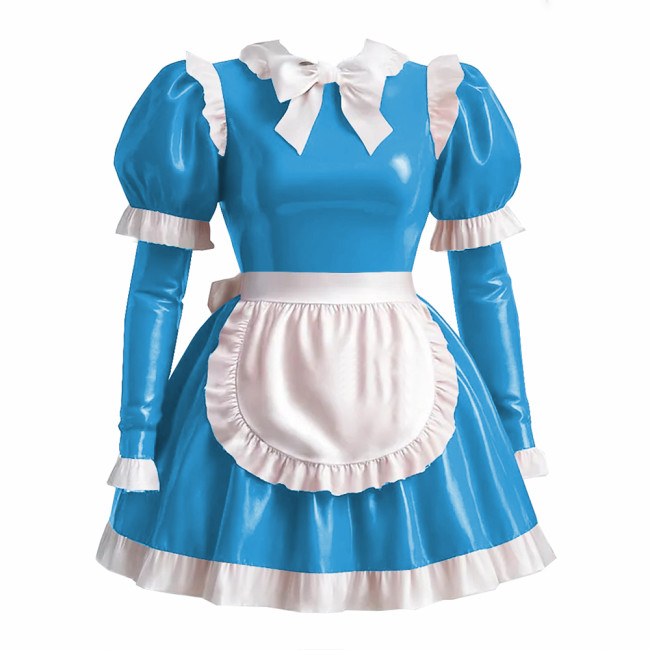 Sissy Lolita Style Maid Outfit Wetlook PVC Leather Bow Knots Pleated Maid Dress Lockable Long Sleeve Waitress Role Paly Uniforms