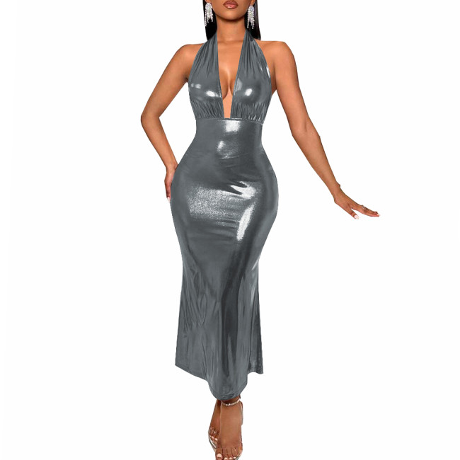 Sexy Deep V-neck Backless Halter Long Dress Women's Sleeveless High Waist Bodycon Slim Dress Liquid Metallic Evening Party Gown