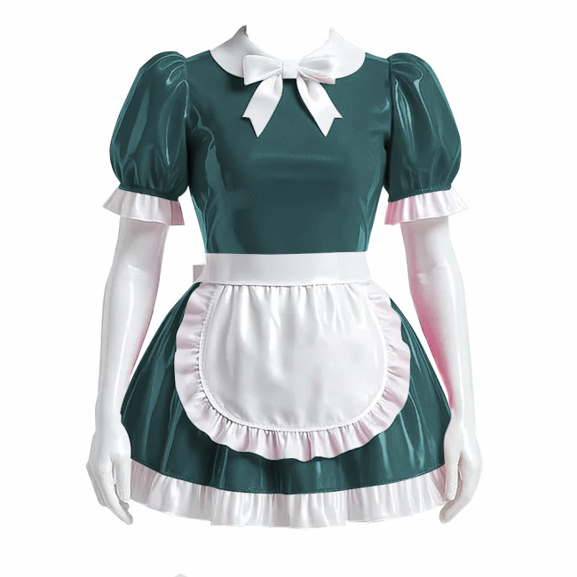 Sissy Bowtie French Maid Dress Outfit PVC Shiny Lockable Mini Maid Dress with Apron Crossdress Cosplay Fancy Maidservant Uniform