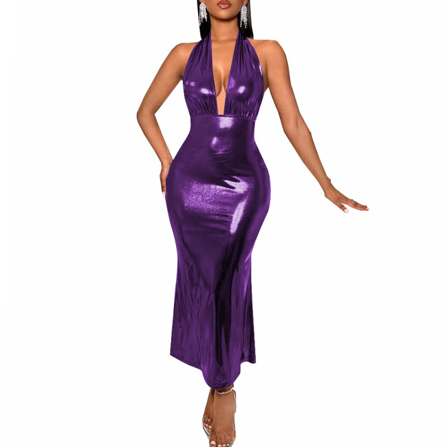 Sexy Deep V-neck Backless Halter Long Dress Women's Sleeveless High Waist Bodycon Slim Dress Liquid Metallic Evening Party Gown