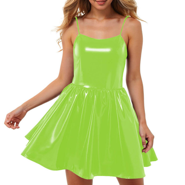 Vinyl PVC Leather Swing Sundress Fashion Sexy Cami Sling High Waisted Wetlook Mini Dress Nightclub Short Gown Womens Streetwear