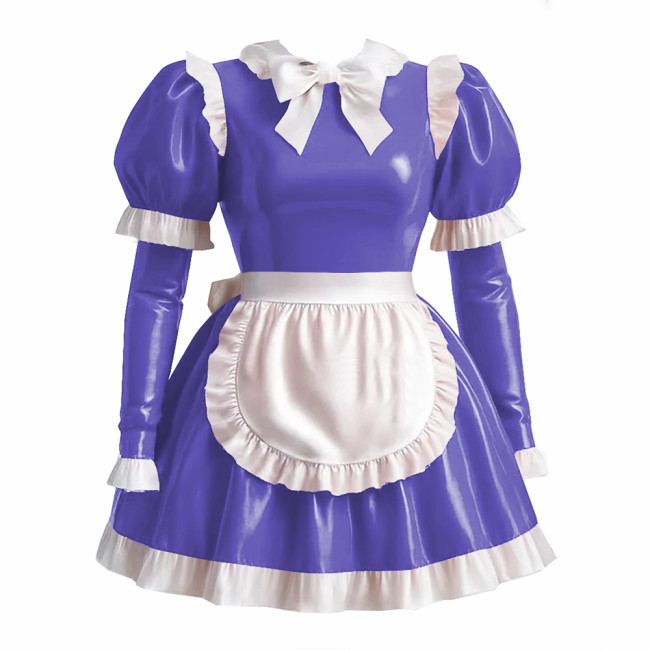 Sissy Lolita Style Maid Outfit Wetlook PVC Leather Bow Knots Pleated Maid Dress Lockable Long Sleeve Waitress Role Paly Uniforms