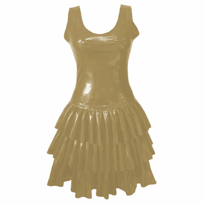 Womens PVC Patent Leather Multi-Layered Ruffled Mini Dress Club Sleeveless O-neck Wetlook Sundress Raves Party A-Line Tank Dress